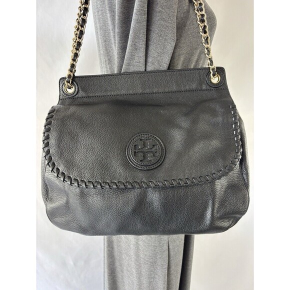 Tory Burch Marion Black Pebbled Leather 2-Way Whipstich Chain Strap Shoulder Bag - Picture 1 of 16
